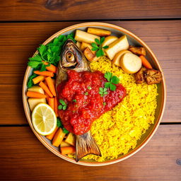 A beautifully arranged plate of Thieboudienne, the traditional Senegalese dish featuring vibrant colors and textures