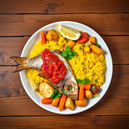 A beautifully arranged plate of Thieboudienne, the traditional Senegalese dish featuring vibrant colors and textures