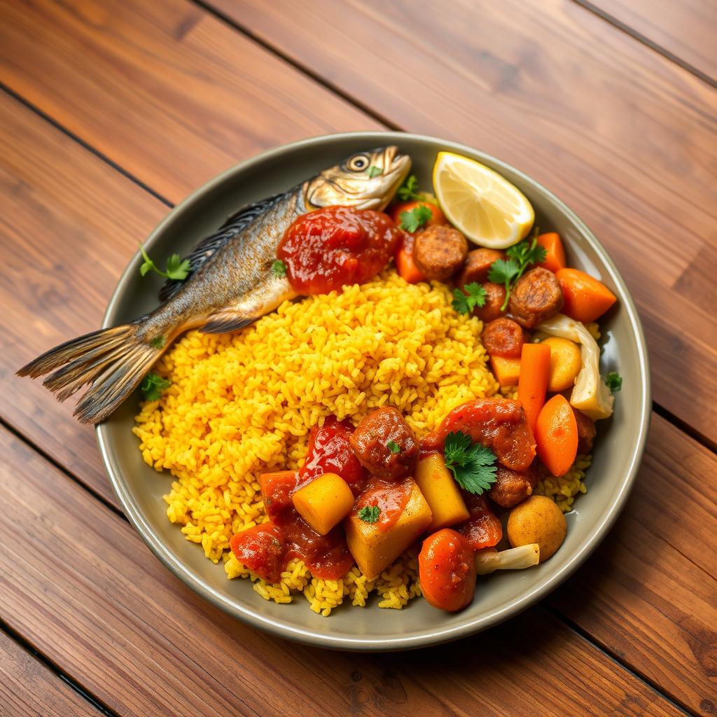 A beautifully arranged plate of Thieboudienne, the traditional Senegalese dish featuring vibrant colors and textures