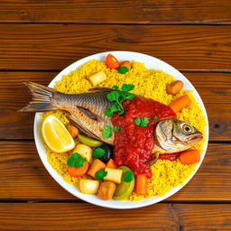A beautifully arranged plate of Thieboudienne, the traditional Senegalese dish featuring vibrant colors and textures