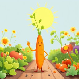 In a bright morning garden, a cute carrot stands confidently with one thumb raised in a cheerful gesture