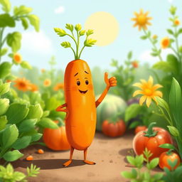 In a bright morning garden, a cute carrot stands confidently with one thumb raised in a cheerful gesture