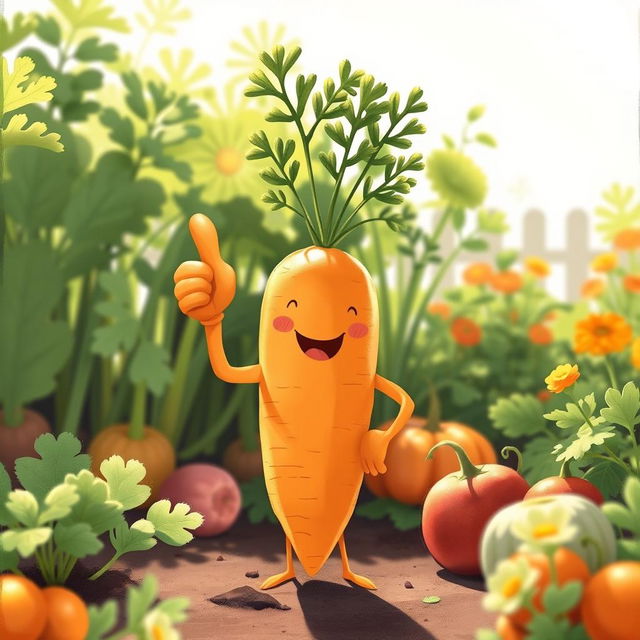 In a bright morning garden, a cute carrot stands confidently with one thumb raised in a cheerful gesture