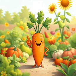 In a bright morning garden, a cute carrot stands confidently with one thumb raised in a cheerful gesture