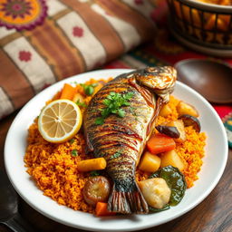 A beautifully arranged plate of Thieboudienne, which is a traditional Senegalese dish