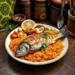 A beautifully arranged plate of Thieboudienne, which is a traditional Senegalese dish