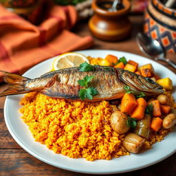 A beautifully arranged plate of Thieboudienne, which is a traditional Senegalese dish