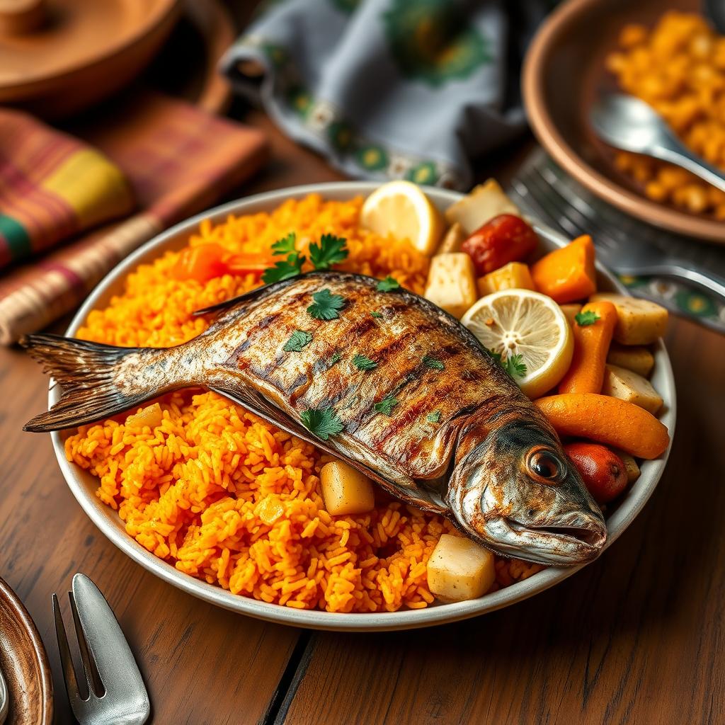 A beautifully arranged plate of Thieboudienne, which is a traditional Senegalese dish