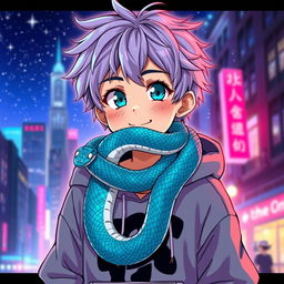 An engaging anime-style illustration of a young boy with messy lavender hair and bright teal eyes, showcasing a snake elegantly crawling around his neck