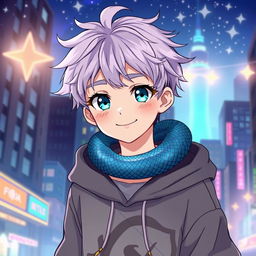 An engaging anime-style illustration of a young boy with messy lavender hair and bright teal eyes, showcasing a snake elegantly crawling around his neck