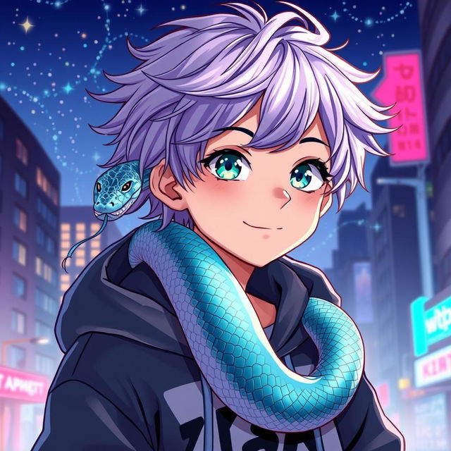 An engaging anime-style illustration of a young boy with messy lavender hair and bright teal eyes, showcasing a snake elegantly crawling around his neck