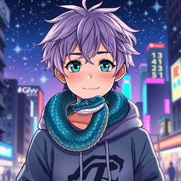 An engaging anime-style illustration of a young boy with messy lavender hair and bright teal eyes, showcasing a snake elegantly crawling around his neck