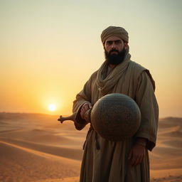 An Arabian medieval man standing confidently in a vast desert landscape, wearing traditional flowing robes and a turban