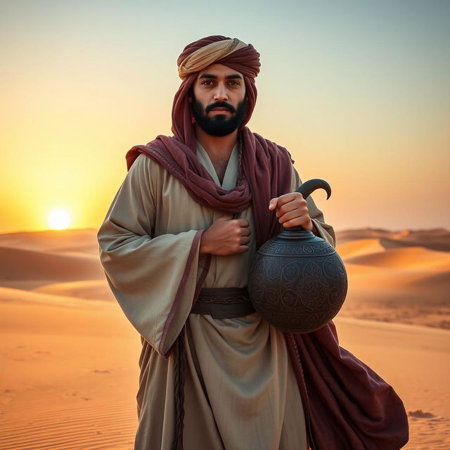 An Arabian medieval man standing confidently in a vast desert landscape, wearing traditional flowing robes and a turban