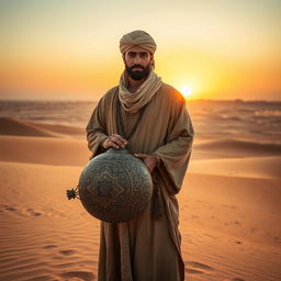 An Arabian medieval man standing confidently in a vast desert landscape, wearing traditional flowing robes and a turban