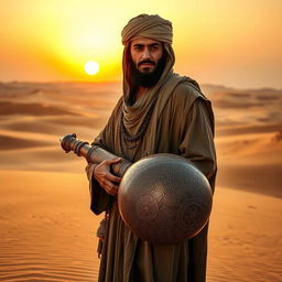 An Arabian medieval man standing confidently in a vast desert landscape, wearing traditional flowing robes and a turban