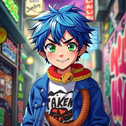 A striking anime-style illustration of a young boy with messy blue hair and bright green eyes, who has a snake crawling around his neck