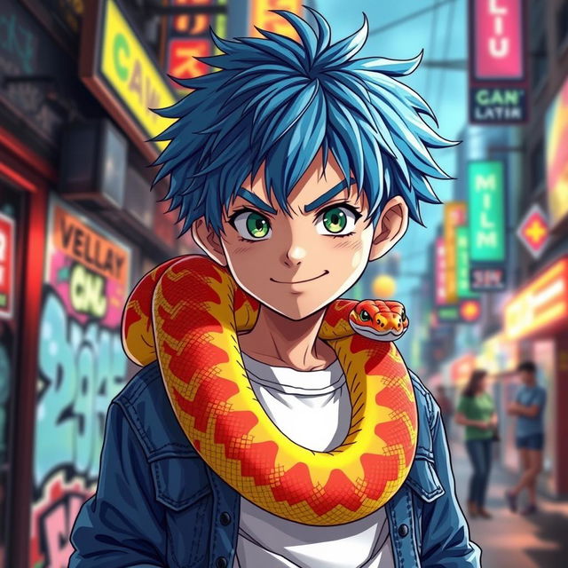 A striking anime-style illustration of a young boy with messy blue hair and bright green eyes, who has a snake crawling around his neck