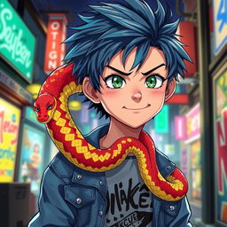 A striking anime-style illustration of a young boy with messy blue hair and bright green eyes, who has a snake crawling around his neck