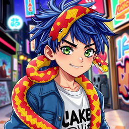 A striking anime-style illustration of a young boy with messy blue hair and bright green eyes, who has a snake crawling around his neck