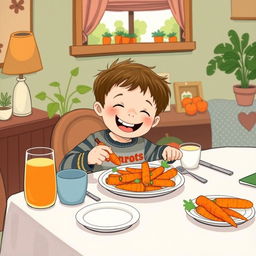 At a cozy dining table, a cute little boy is joyfully enjoying a meal made with carrots, illustrated in the whimsical style of Jon Klassen