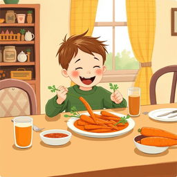 At a cozy dining table, a cute little boy is joyfully enjoying a meal made with carrots, illustrated in the whimsical style of Jon Klassen