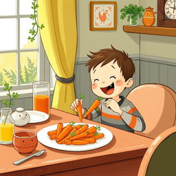 At a cozy dining table, a cute little boy is joyfully enjoying a meal made with carrots, illustrated in the whimsical style of Jon Klassen