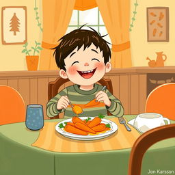At a cozy dining table, a cute little boy is joyfully enjoying a meal made with carrots, illustrated in the whimsical style of Jon Klassen