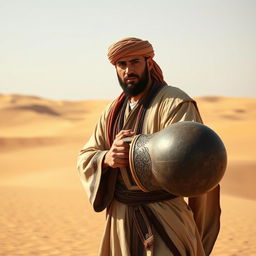 An Arabian medieval man standing in the midst of a vast desert, gripping a very large medieval bomb with both hands
