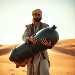 An Arabian medieval man standing in the midst of a vast desert, gripping a very large medieval bomb with both hands