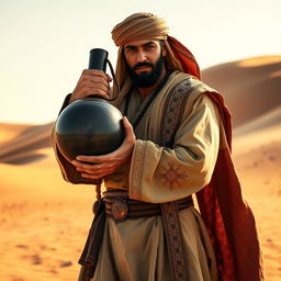 An Arabian medieval man standing in the midst of a vast desert, gripping a very large medieval bomb with both hands