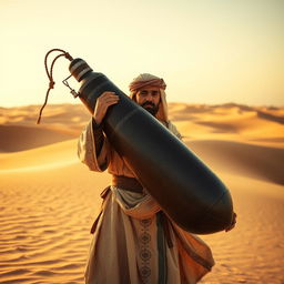 An Arabian medieval man standing in the midst of a vast desert, gripping a very large medieval bomb with both hands
