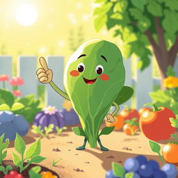 In a bright morning garden, a cute spinach plant stands confidently with one thumb raised in a proud gesture