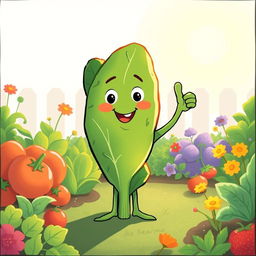 In a bright morning garden, a cute spinach plant stands confidently with one thumb raised in a proud gesture