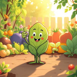 In a bright morning garden, a cute spinach plant stands confidently with one thumb raised in a proud gesture