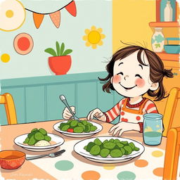 At a cheerful dining table, a cute little girl is happily enjoying a meal made with spinach, illustrated in the whimsical style of Jon Klassen
