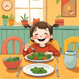 At a cheerful dining table, a cute little girl is happily enjoying a meal made with spinach, illustrated in the whimsical style of Jon Klassen