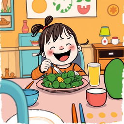 At a cheerful dining table, a cute little girl is happily enjoying a meal made with spinach, illustrated in the whimsical style of Jon Klassen