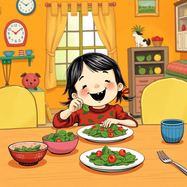 At a cheerful dining table, a cute little girl is happily enjoying a meal made with spinach, illustrated in the whimsical style of Jon Klassen