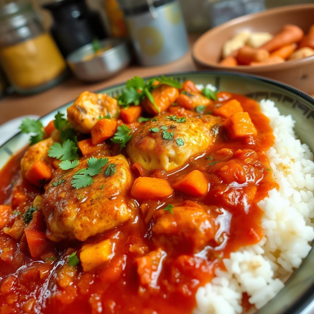 A mouthwatering dish of Thieboudienne, a traditional Senegalese dish featuring fish cooked within a rich tomato sauce