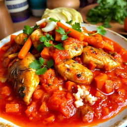 A mouthwatering dish of Thieboudienne, a traditional Senegalese dish featuring fish cooked within a rich tomato sauce