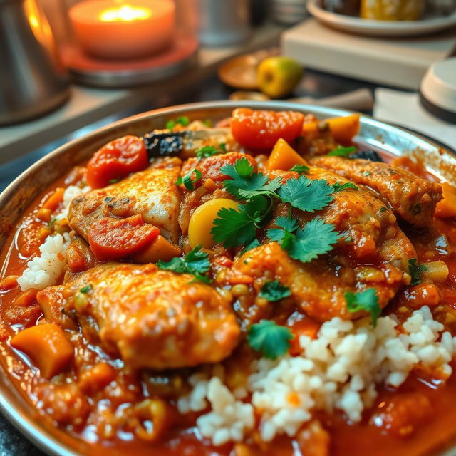 A mouthwatering dish of Thieboudienne, a traditional Senegalese dish featuring fish cooked within a rich tomato sauce