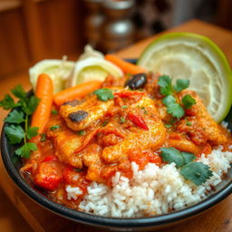 A mouthwatering dish of Thieboudienne, a traditional Senegalese dish featuring fish cooked within a rich tomato sauce