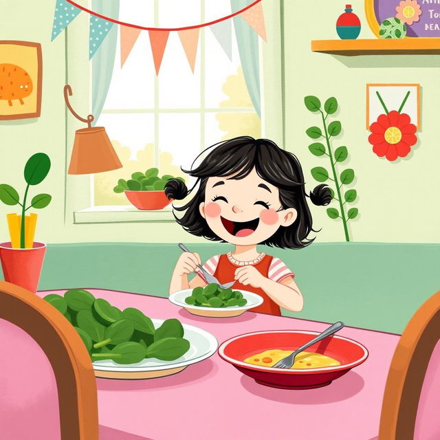 At a delightful dining table, a cute little girl is happily eating a meal made with spinach, illustrated in the charming style of Jon Klassen