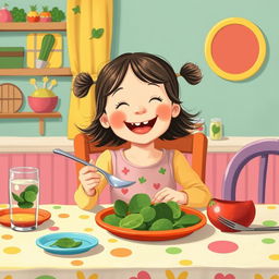 At a delightful dining table, a cute little girl is happily eating a meal made with spinach, illustrated in the charming style of Jon Klassen