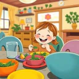 At a delightful dining table, a cute little girl is happily eating a meal made with spinach, illustrated in the charming style of Jon Klassen