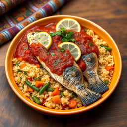 A delicious plate of Thieboudienne, a traditional Senegalese dish, served elegantly in a vibrant bowl