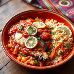 A delicious plate of Thieboudienne, a traditional Senegalese dish, served elegantly in a vibrant bowl