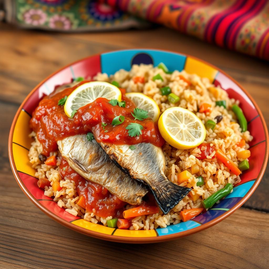 A delicious plate of Thieboudienne, a traditional Senegalese dish, served elegantly in a vibrant bowl