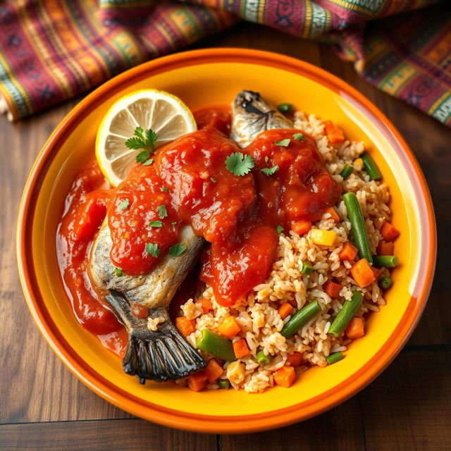 A delicious plate of Thieboudienne, a traditional Senegalese dish, served elegantly in a vibrant bowl